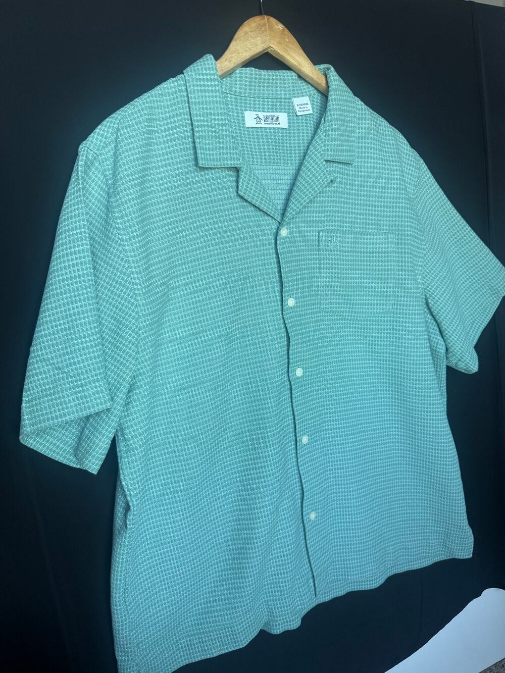 Original Penguin Munsingwear Men XL Textured Camp Collar Shirt Green 100% Cotton